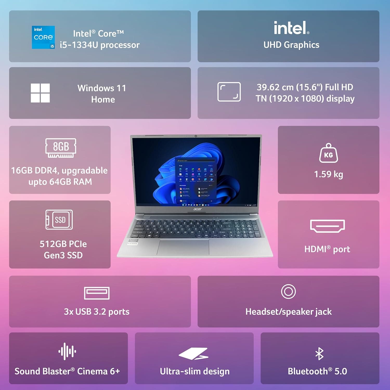 Aspire Lite 15.6" 13th Gen Intel Core i5 Laptop – 16GB RAM, 512GB SSD, Windows 11, Metal Body, Thin & Light